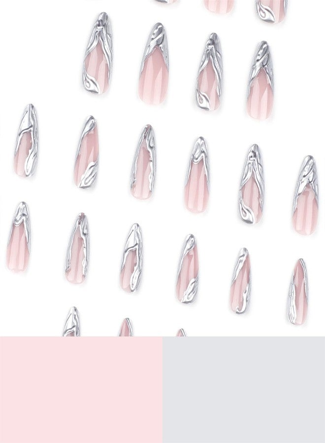 VOTACOS Press on Nails Long Almond Fake Nails with Silver Swirl Designs Full Cover False Nail Glossy Stick on Nail for Women - Image 4